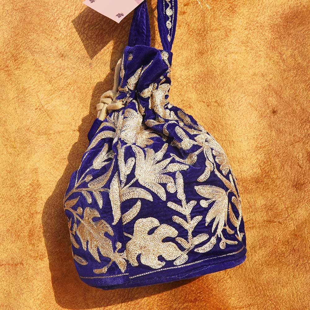 Zari Embroidered Blue Potli