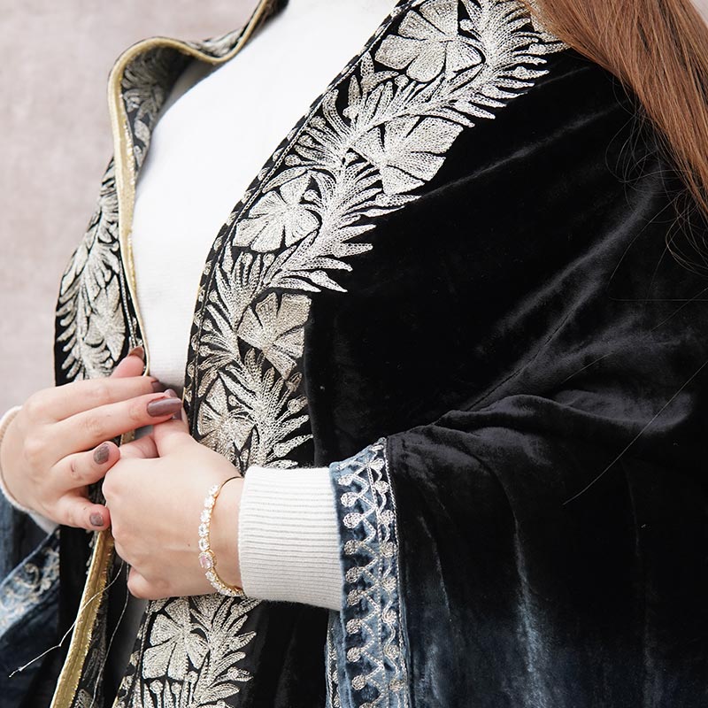 Black-Grey Double Shade Velvet Cape with Zari Embroidery
