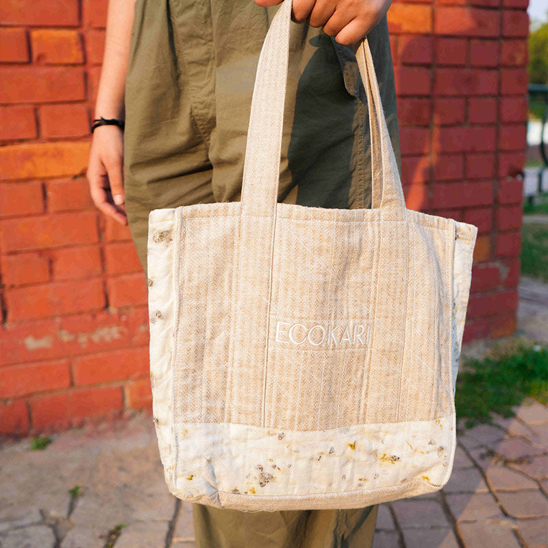 Eco-Print Tote Bag | Beige & White