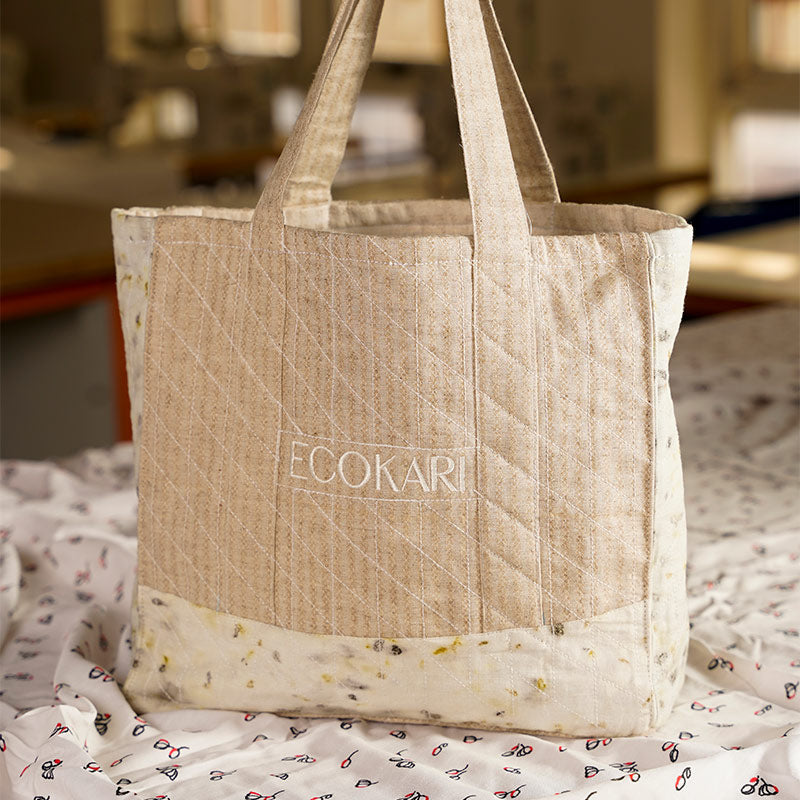 Eco-Print Tote Bag | Beige & White