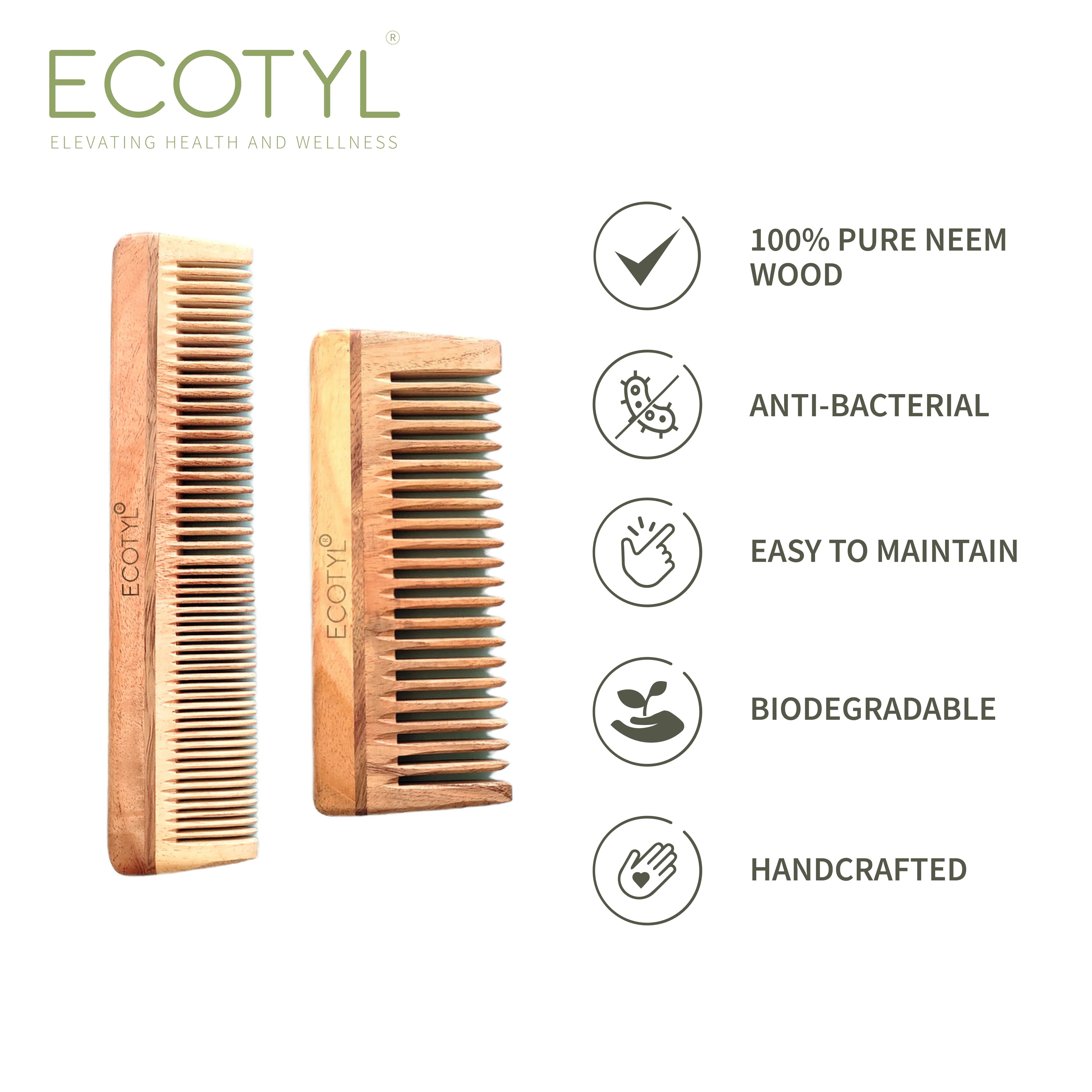 Neem Wood Comb Duo | Detangling & Shampoo Comb | Set of 2